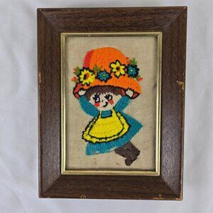 Vintage Framed Crewel Needlework Girl with Colorful Dress Hat Floral Accents